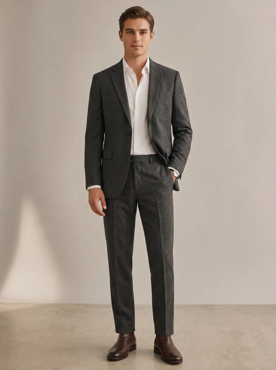 Men's Business Formal Charcoal Wool Blend Tailored Suit Set
