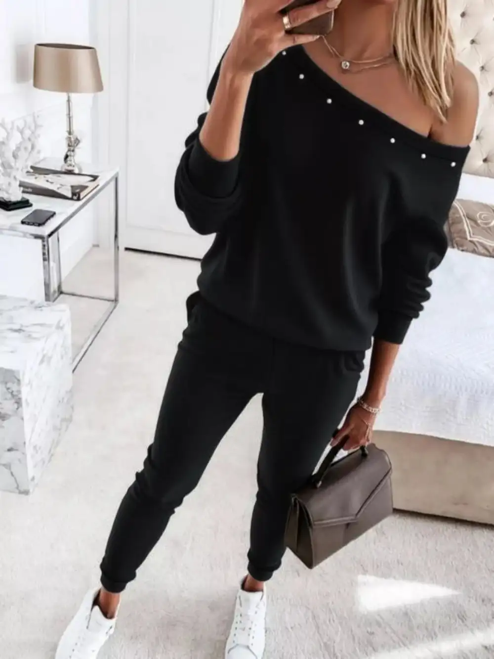 One Shoulder Pearl Embellished Top and Pants Set