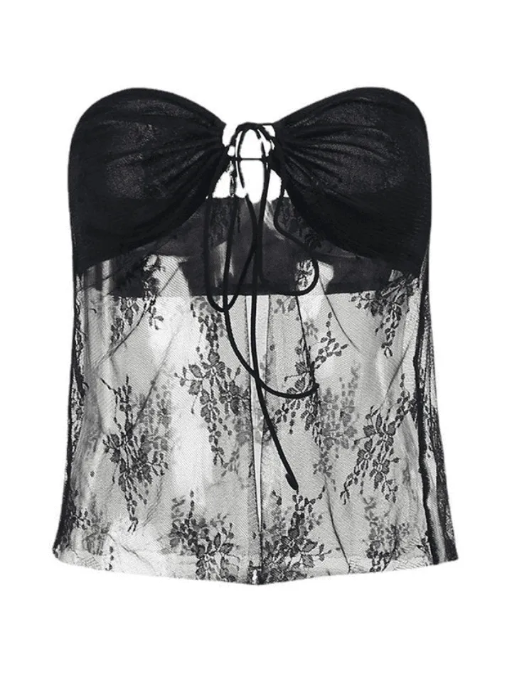 Slit Sheer Mesh Bandeau Tube Top