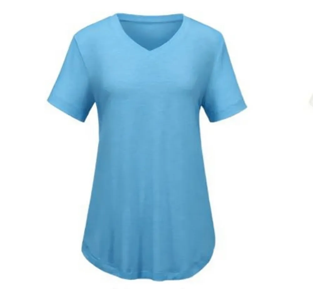 Women's Casual V-Neck Solid Color T-Shirt with Curved Hem