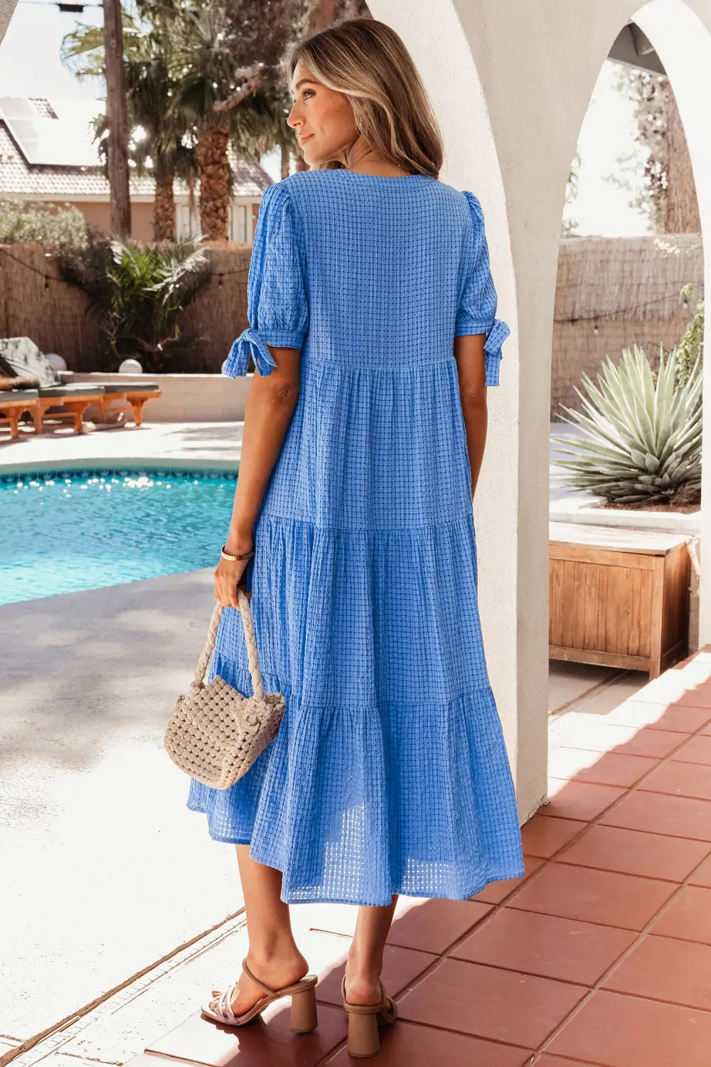 Relaxed Shape Plaid Tiered Short Sleeve Midi Dress