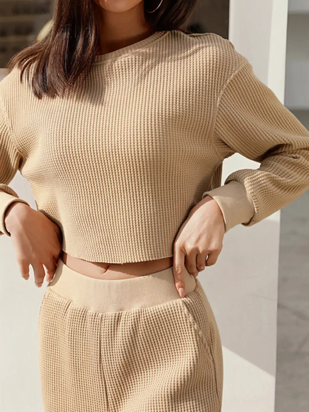 Waffle Knit Round Neck Top And Pants Set