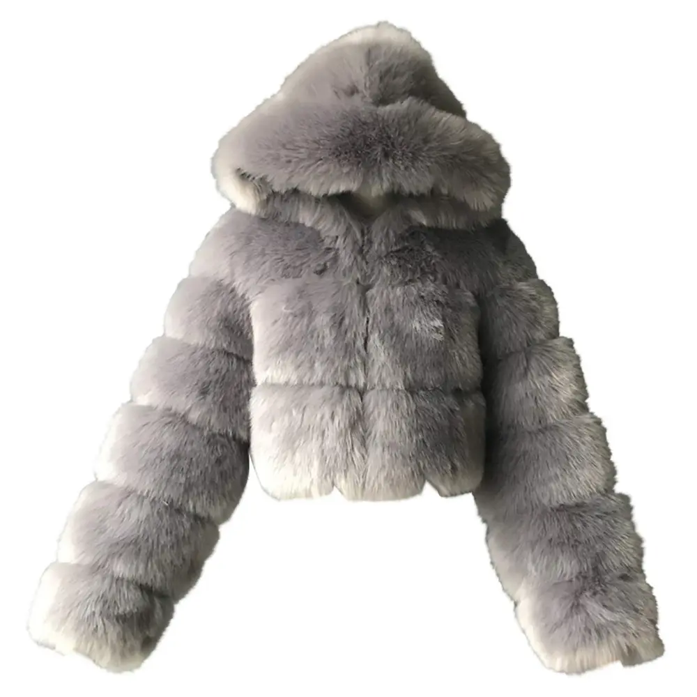 Gray Faux Fur Coat Women with Hood Cropped Bubble Coats Fleece Short Warm Jackets Plus Size Winter Coats for Women