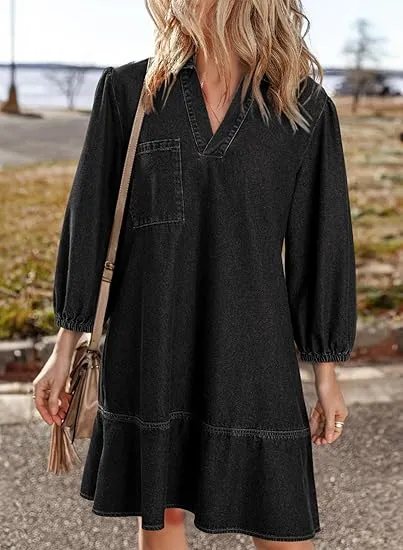 Women Fashion Fall Casual Babydoll 2025 V Neck 3/4 Puff Sleeve Jean Dresses