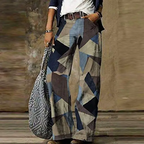 Wide Leg Denim Pants for Women, Camouflage Plaid Patchwork Print Streetwear Casual Comfort Straight Jeans Trouser