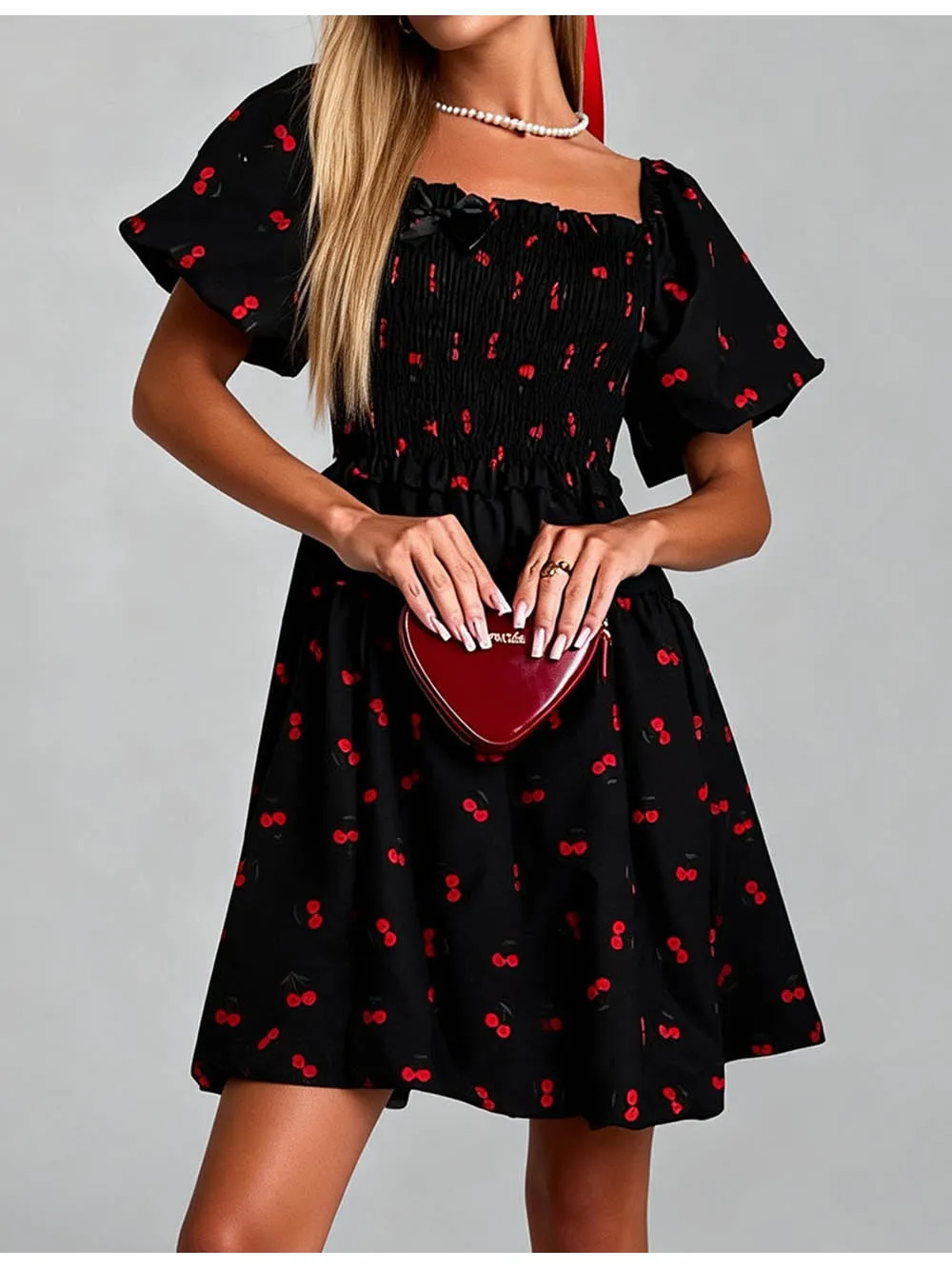 Square Neck Cherry Puff Sleeves Mini Dress