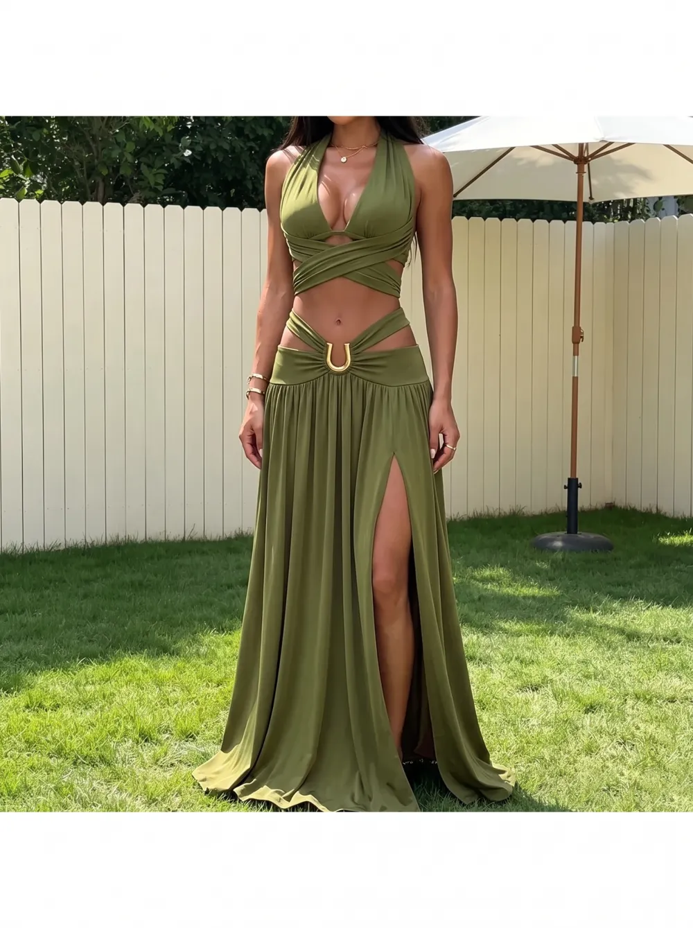 Women's Sexy Olive Green Halter Cutout Metal Detail Two-Piece Set