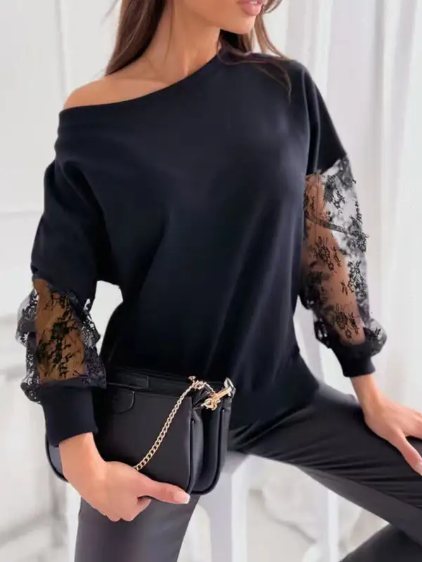 Long Sleeve Relaxed Mesh Panel Detail Round Neck T-Shirt