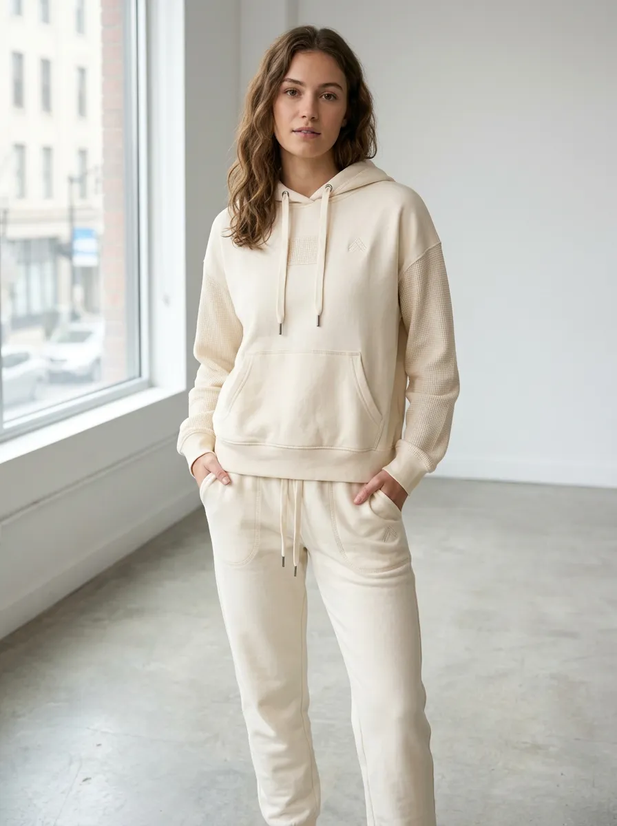 Women's Casual Sport Waffle Texture Beige Printed Hoodie Jogger Set