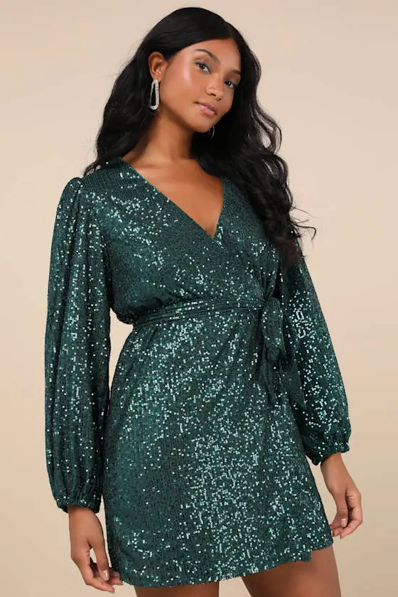 Sparkly Darling Emerald Green Sequin Long Sleeve Wrap Dress
