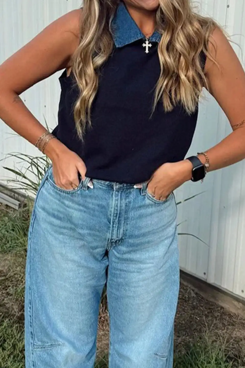 Knit Contrast Denim Patchwork Collar Sweater Vest