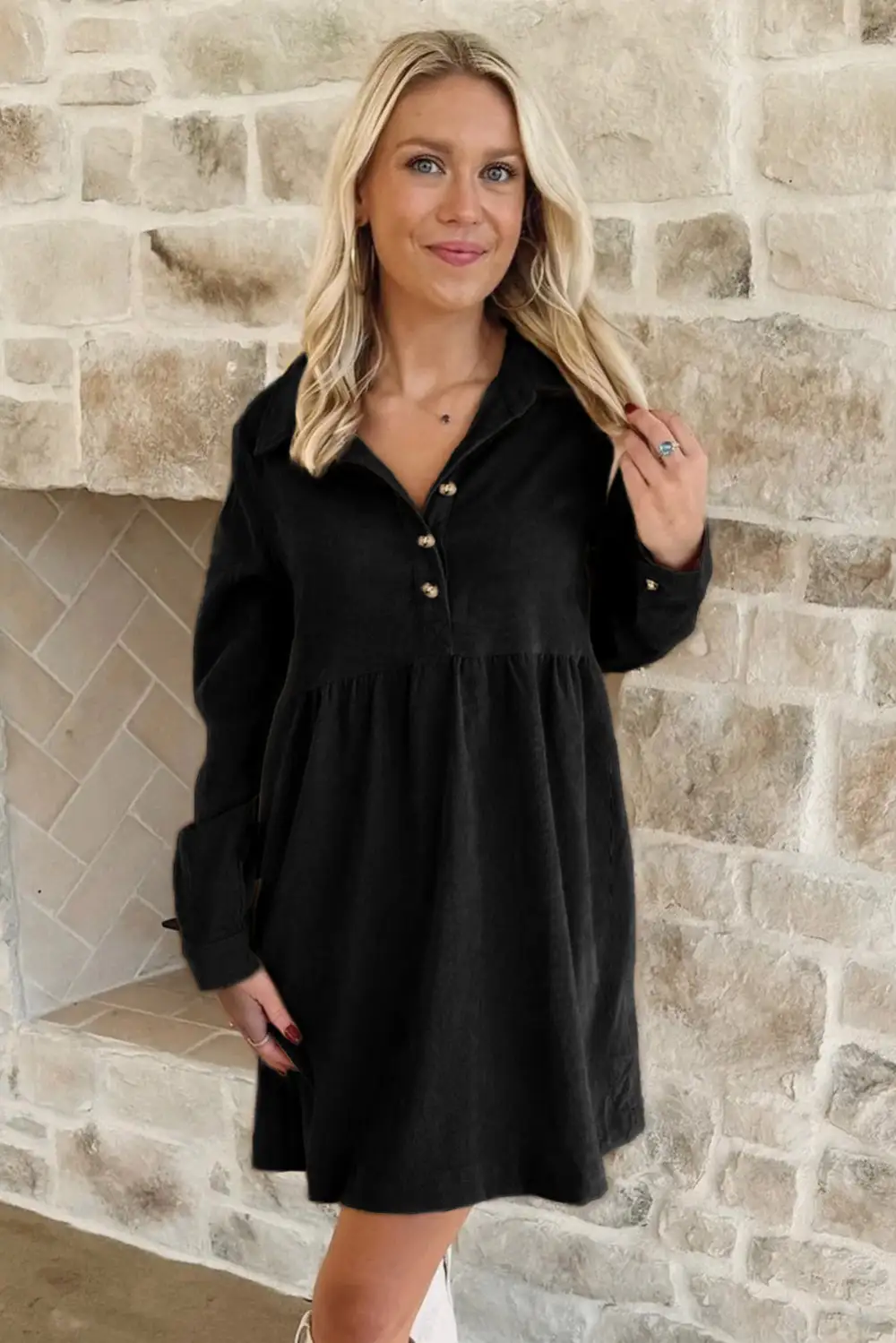 Corduroy Half Button Long Sleeve Mini Dress