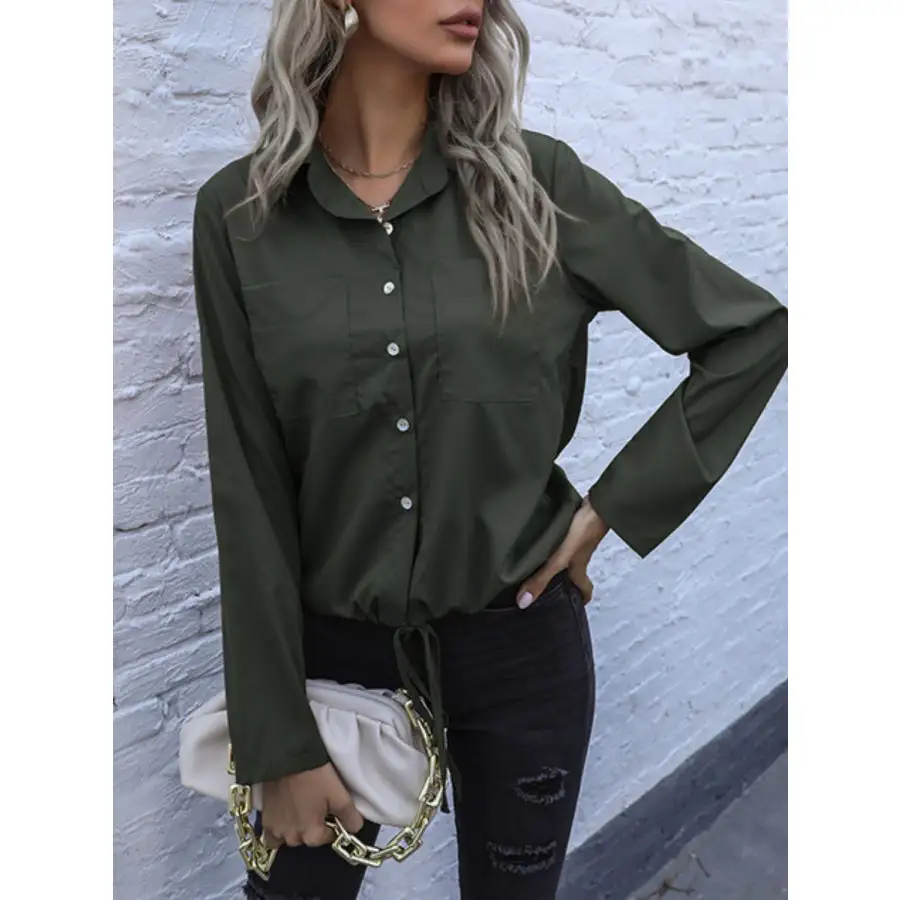 Perfee Tied Hem Button Down Long Sleeve Shirt