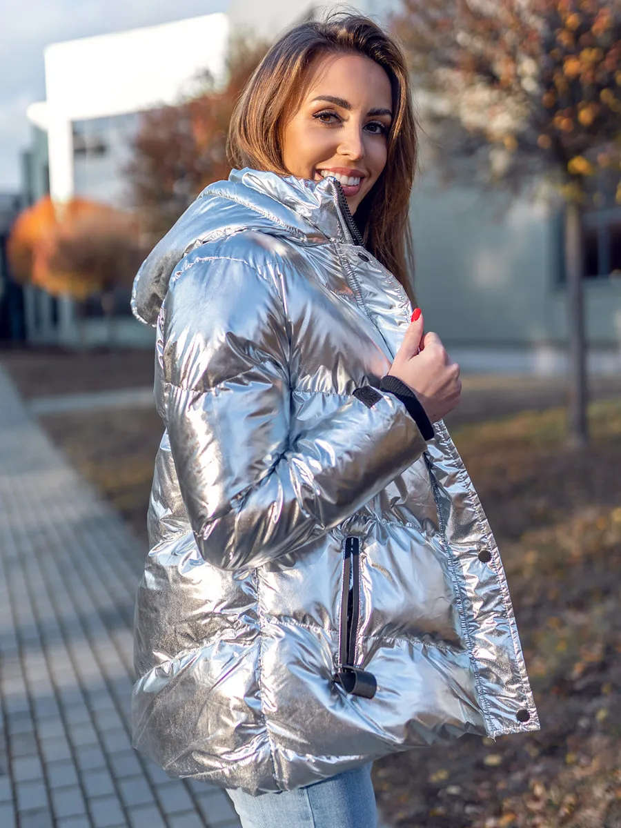 Women's Silver Quilted Winter Jacket With Hood