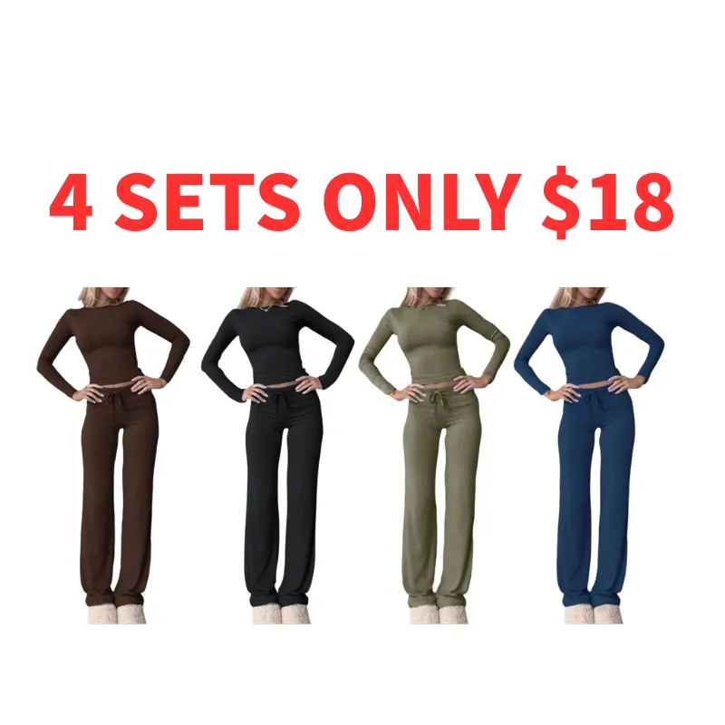 Women's Solid Color Long Sleeve Crop Tee & High-Waisted Drawstring Pants Set, Casual Everyday Slim Fit Outfit for Fall & Winter Seasons