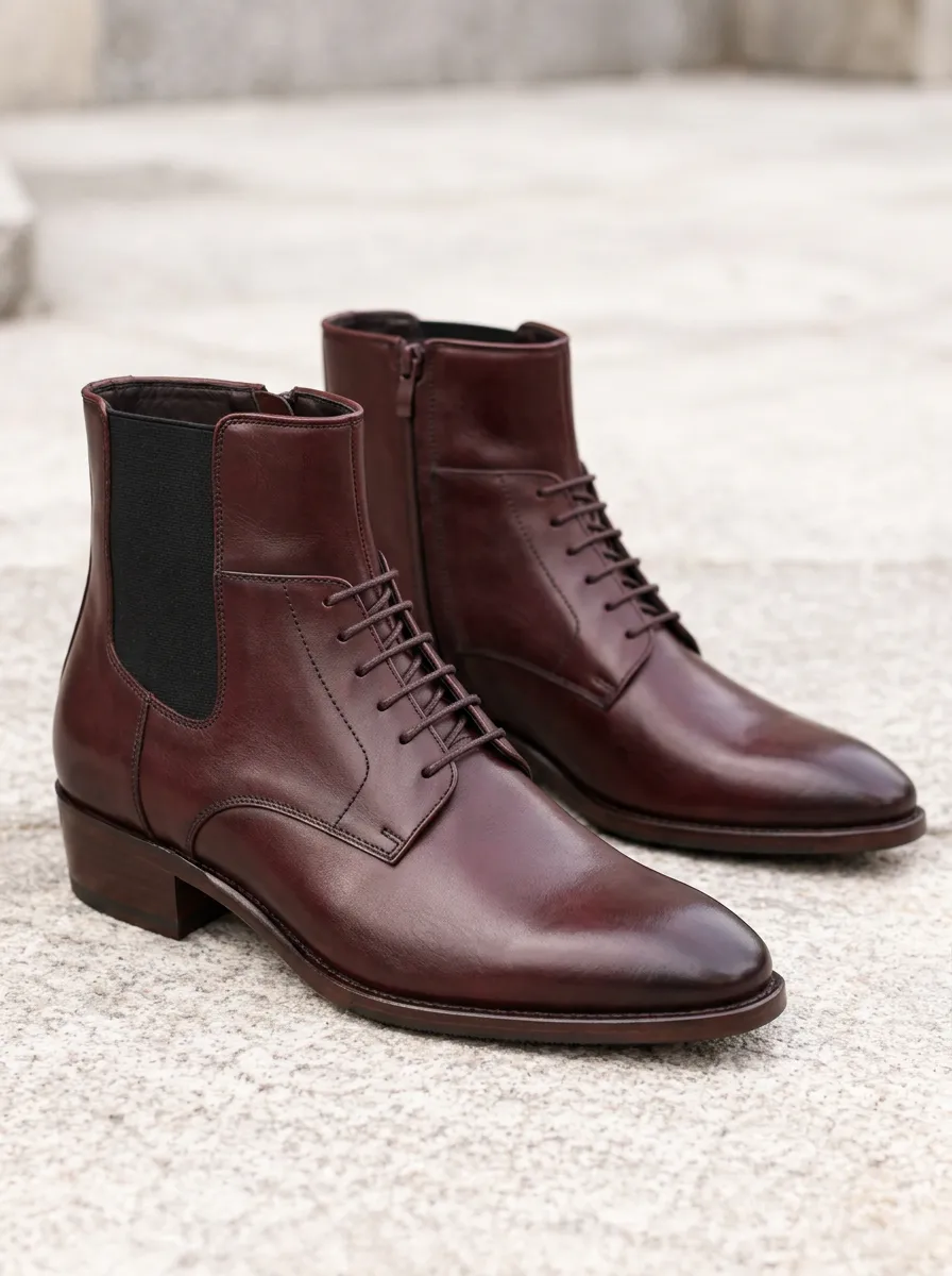 Men's Burgundy Chelsea Work Boots with Leather Look