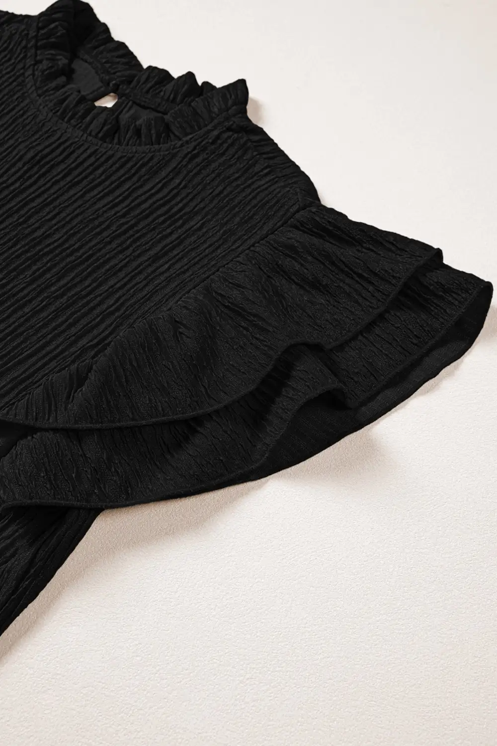 Black Solid Color Textured Ruffle Trim Short Sleeve Blouse