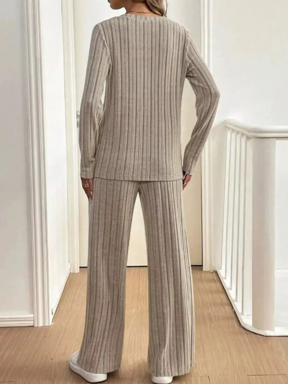 Plus Size Ribbed Knit Button Front Top and Pants Set