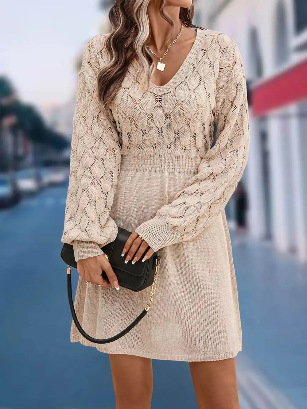 V-Neck Long Sleeve Sweater Knit Dress