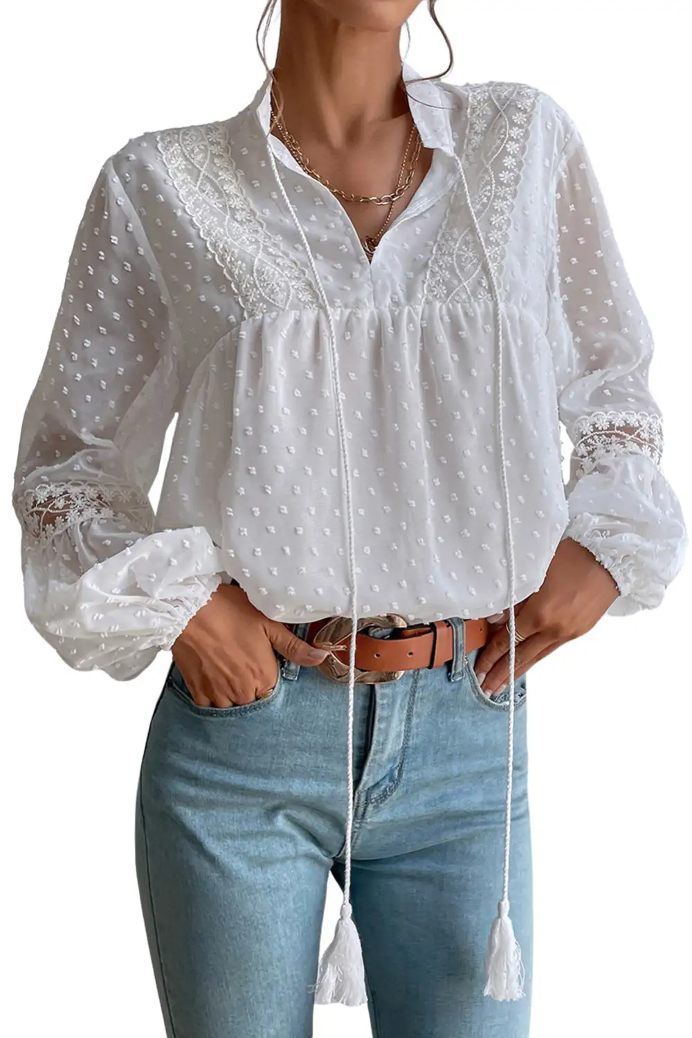 Swiss Dot Drawstring Balloon Sleeve Babydoll Blouse