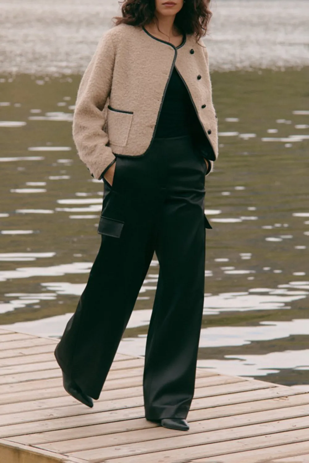 Shearling Trimmed Button Front Jacket