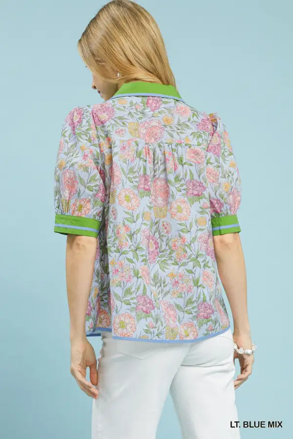 Mix Floral Puff Sleeve Blouse With Contrast Trim