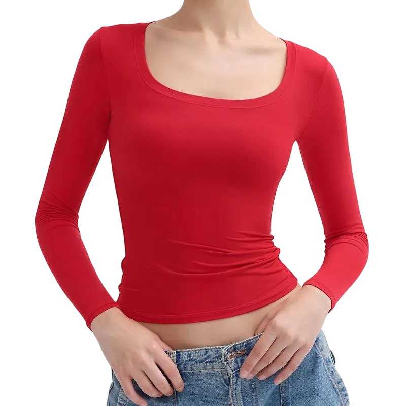 Women‘s Scoop Neck Long Sleeve Top Double Layer Slimfit Fall Outfits