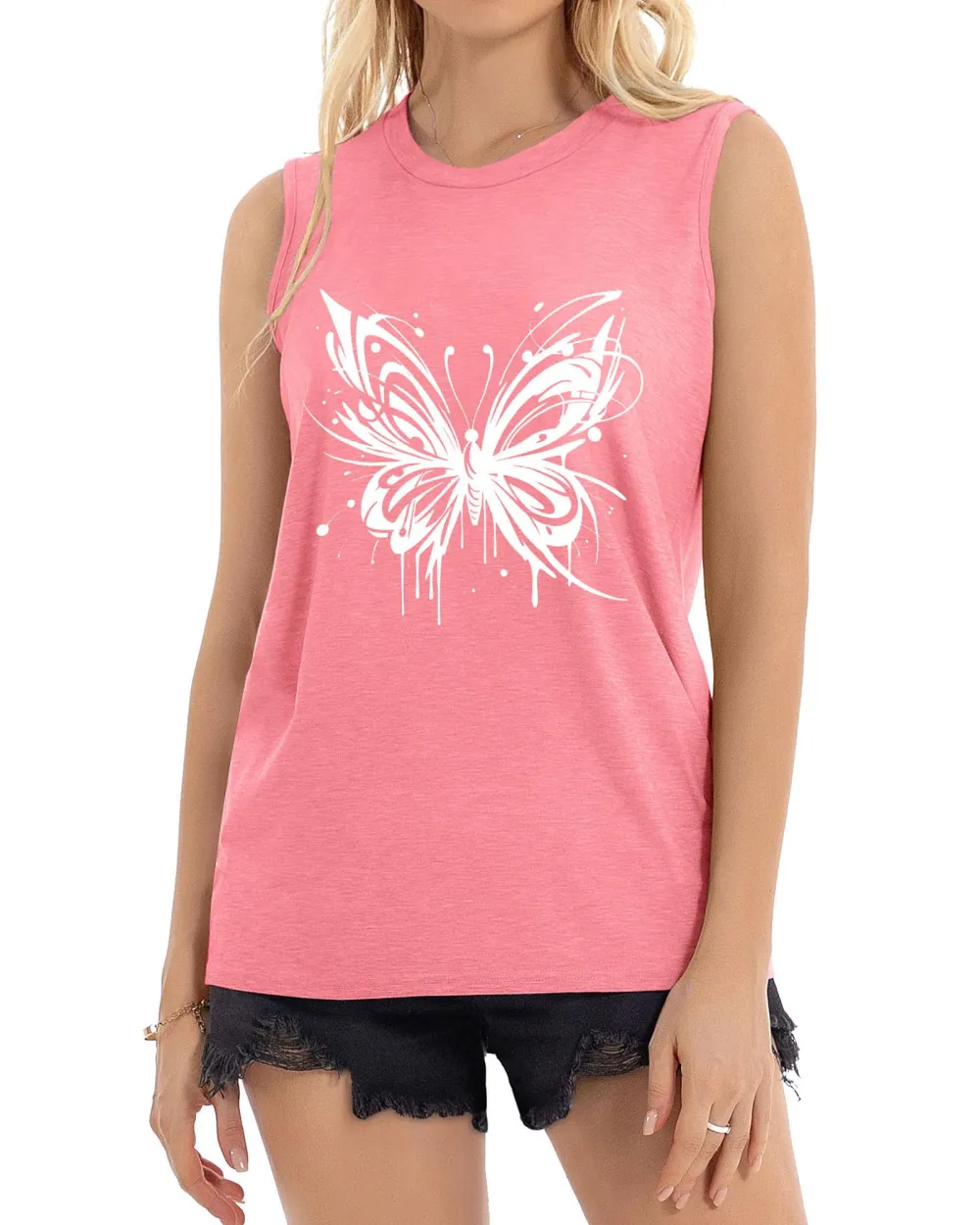 White Butterfly Print Tank Top