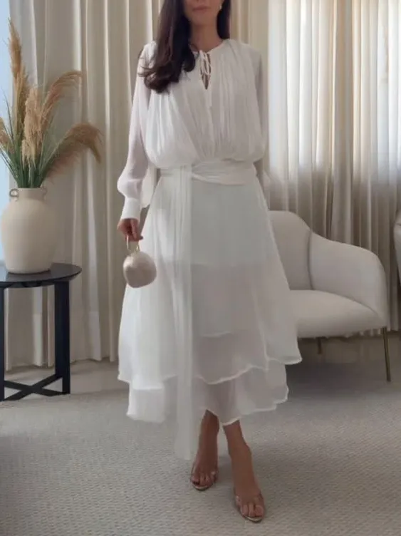 Asymmetrical Hem Long Sleeve Chiffon Midi Dress