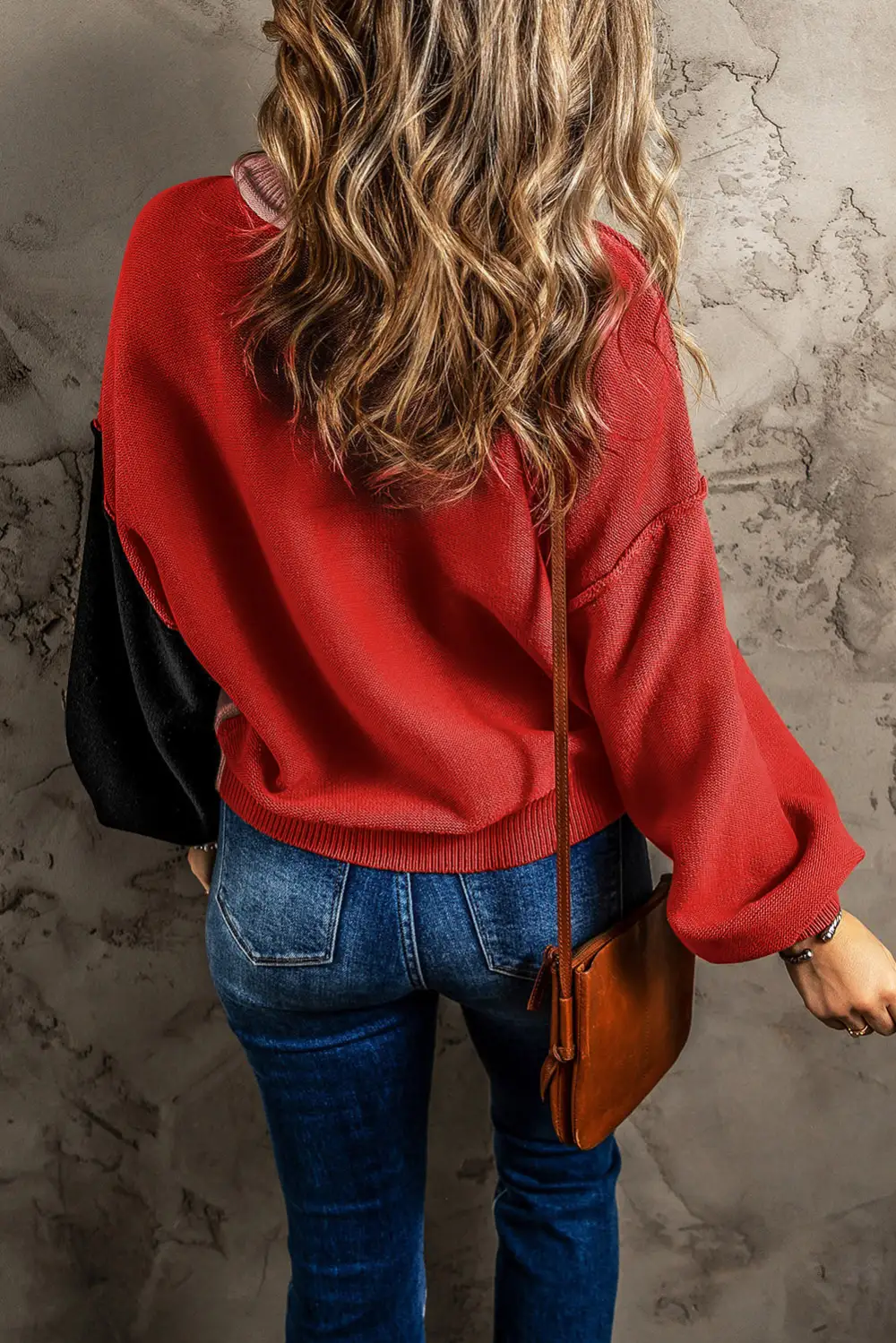 Color Block Bishop Sleeve Ribbed Trim Sweater