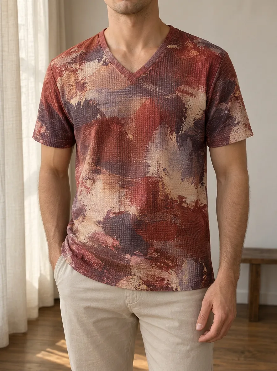 Men's Rhythmic Abstract Brushstroke Waffle Knit V-Neck T-Shirt