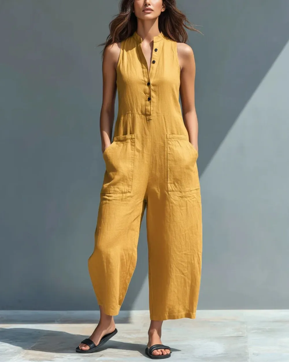 Vintage Sleeveless Stand-Collar Wide-Leg Jumpsuit