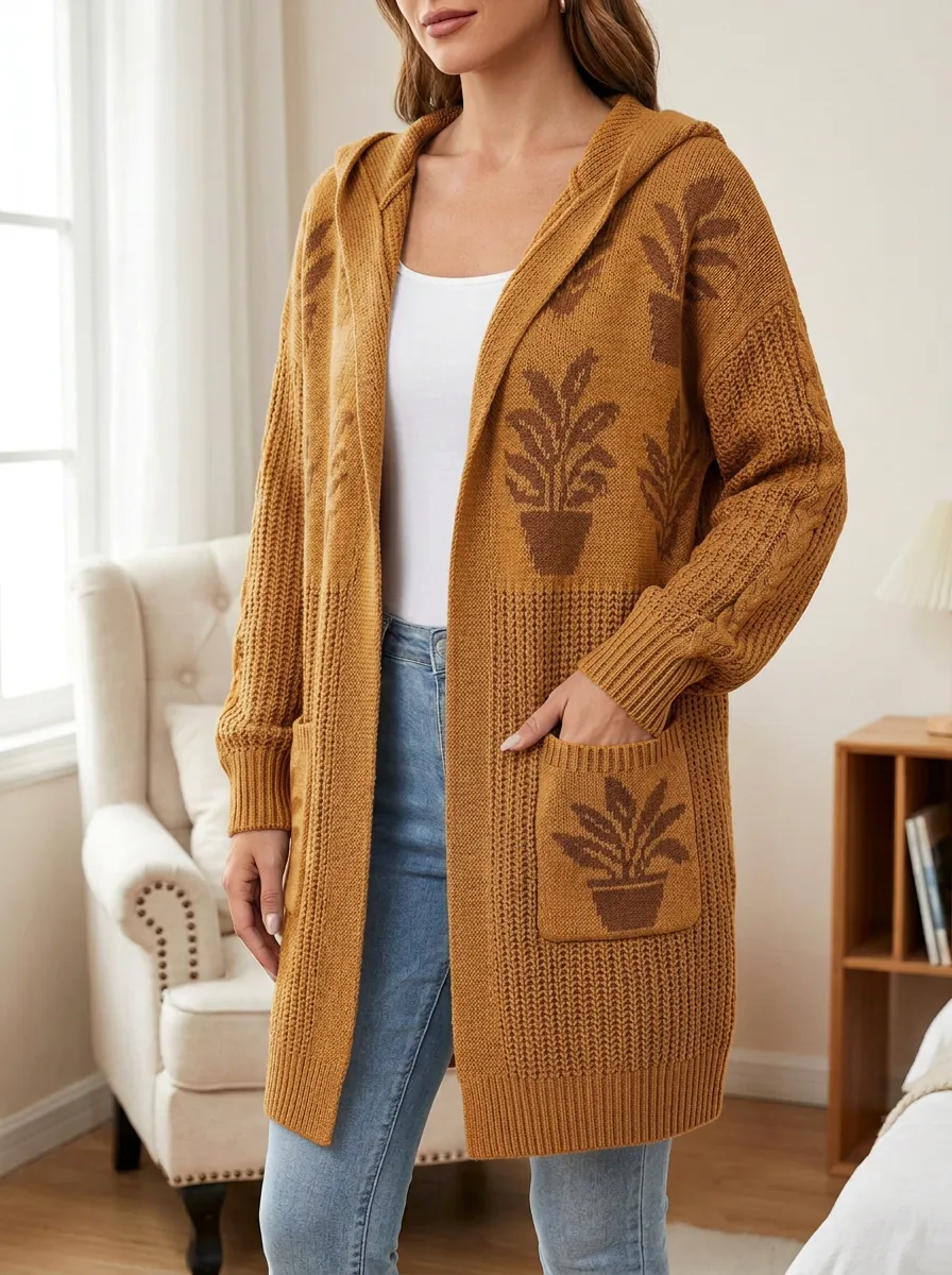 Women's Plant Potted Plant Pattern Knit Hooded Long Cardigan