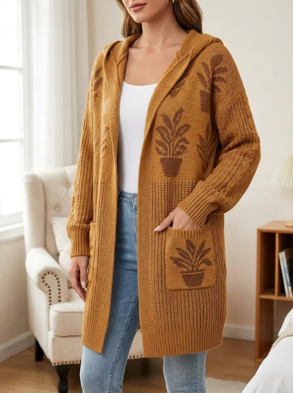 Women's Plant Potted Plant Pattern Knit Hooded Long Cardigan