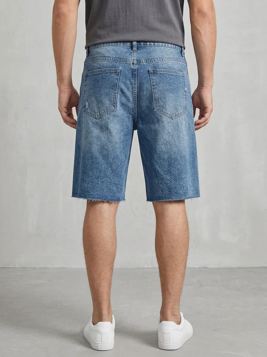 Men's Contemporary Distressed Raw Hem Street Inspired Distressed Denim Shorts