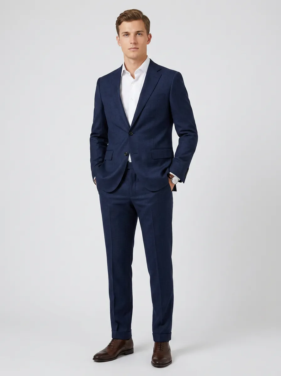 Men's Two Button Business Formal Navy Blue Solid Color Tailored Suit