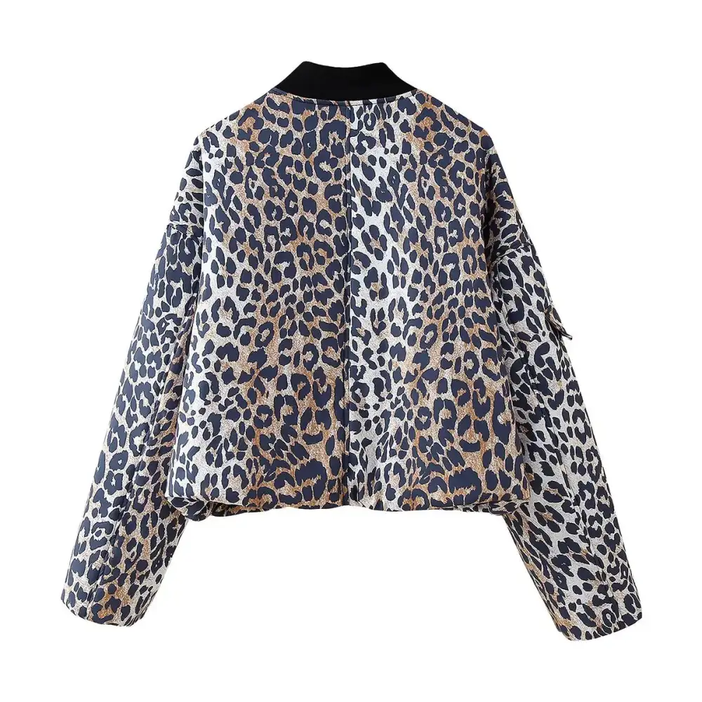 Cropped Leopard Print Zip Front Utility Pocket Bomber Jacket