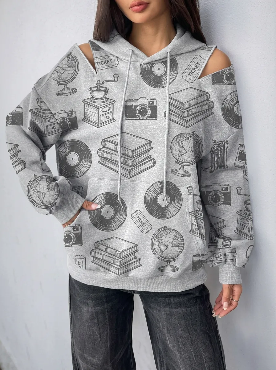 Women's Vintage Hobby Globe Camera Graphic Cold-Shoulder Hoodie