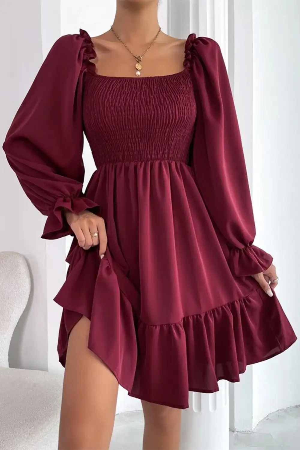 Ruffle Trim Smocked Puff Sleeve Mini Dress