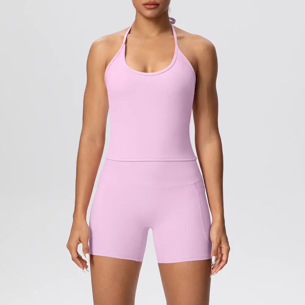 Halter-Neck Backless Top, Vest and Shorts Active Set