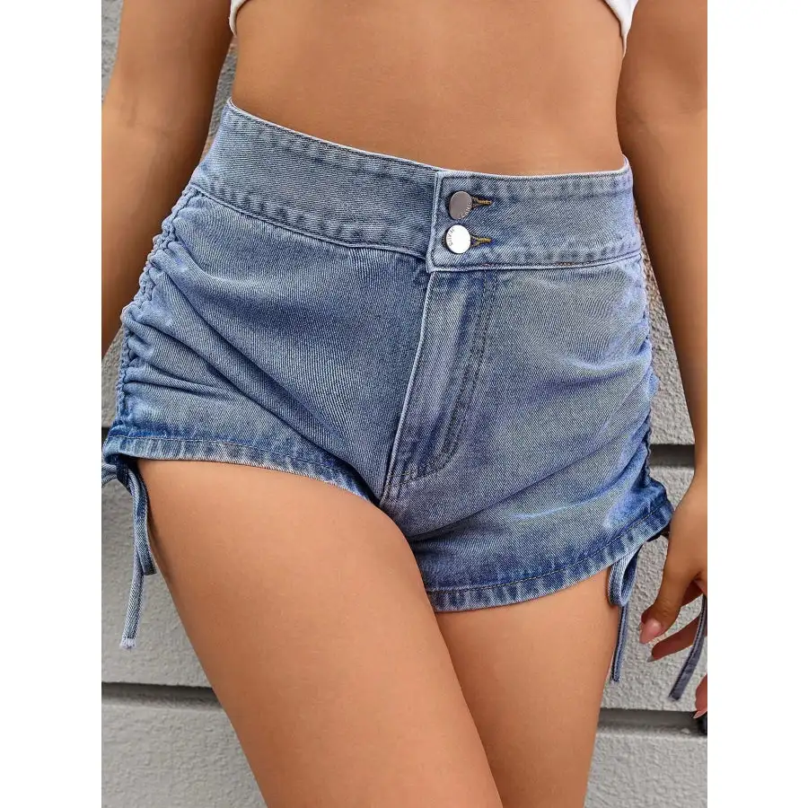 Ruched Side Drawstring Denim Shorts