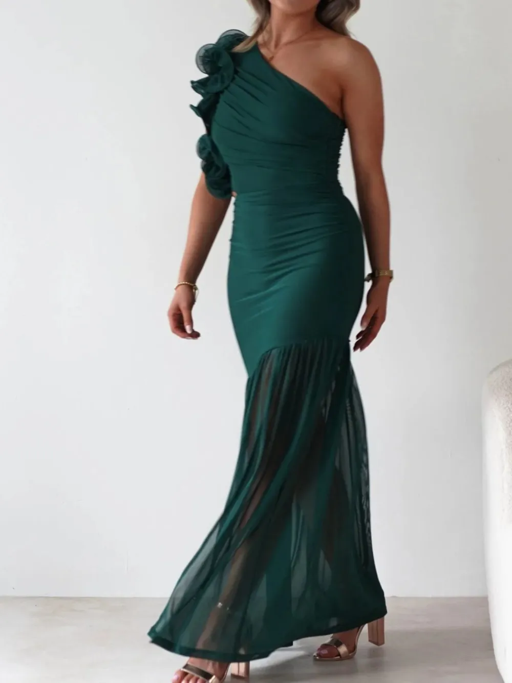 One Shoulder Ruffle Trim Maxi Dress