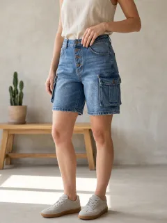 Women's Casual High-Waisted Button-Fly Cargo Denim Shorts