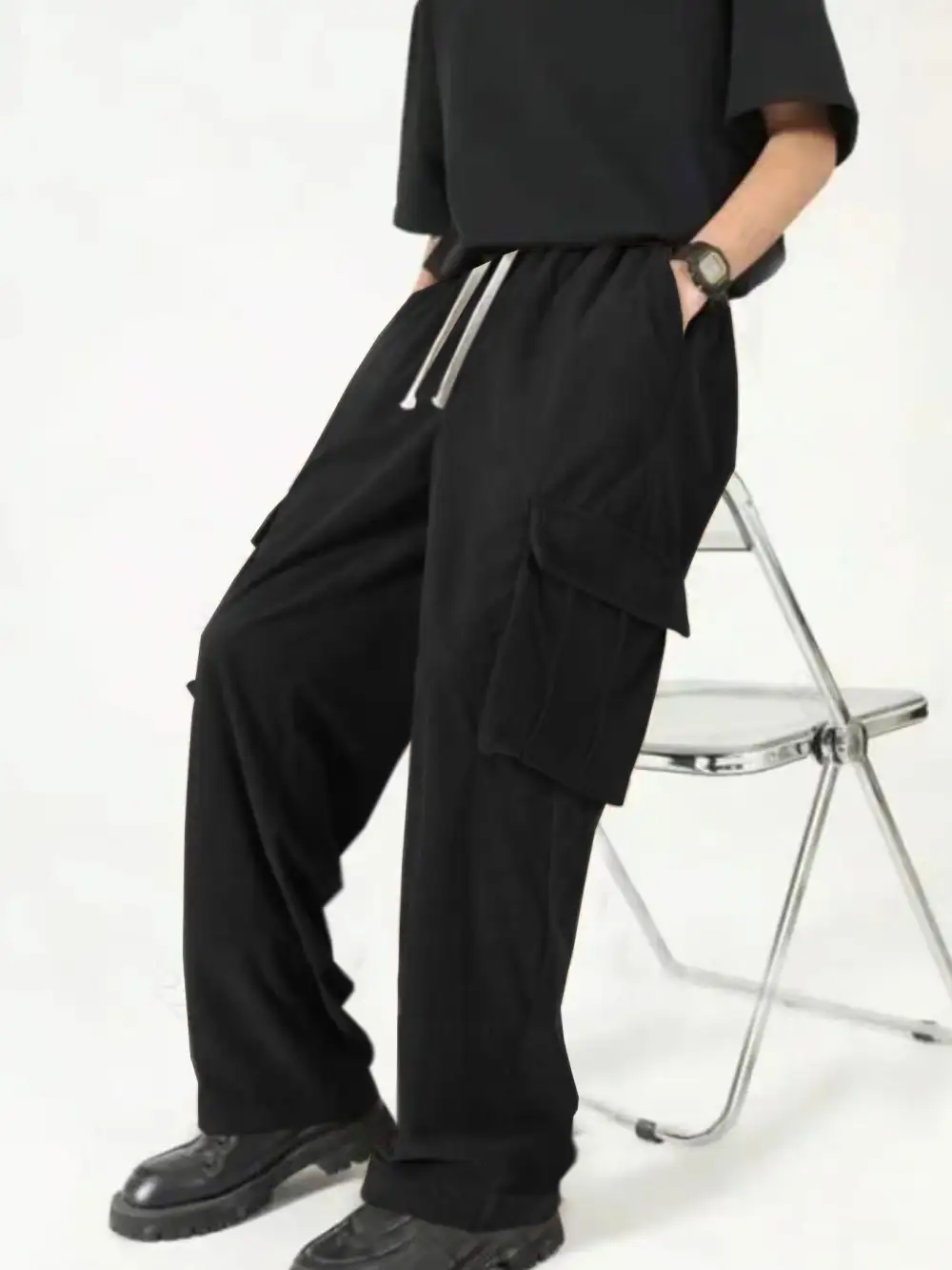 Men's Loose Wide Corduroy Cargo Pants Waistband Pockets