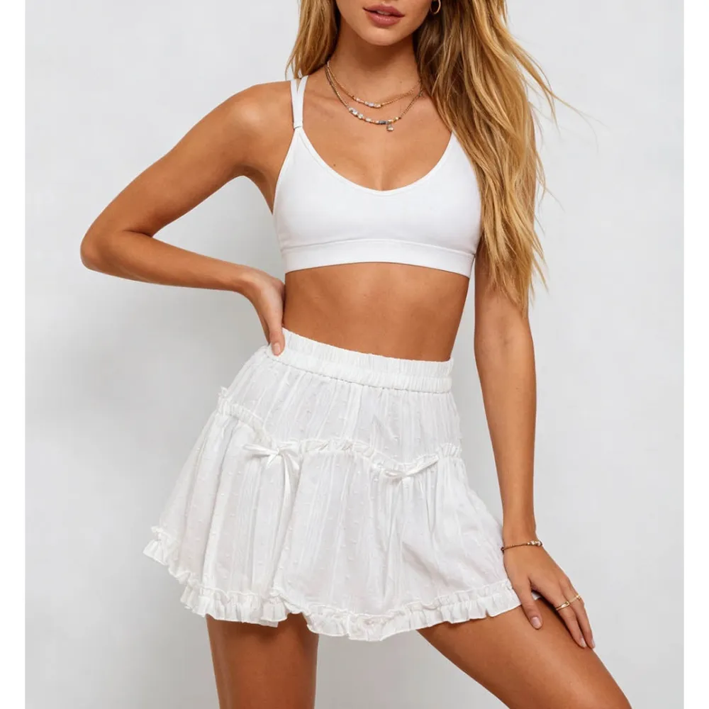 Swiss Dot Bow Ruffle Trim Elastic Waist Mini Skirt