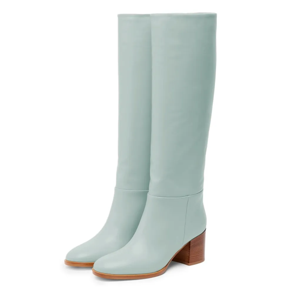 Faux-Leather Pull-On Round-Toe Block-Heel Knee-High Boots