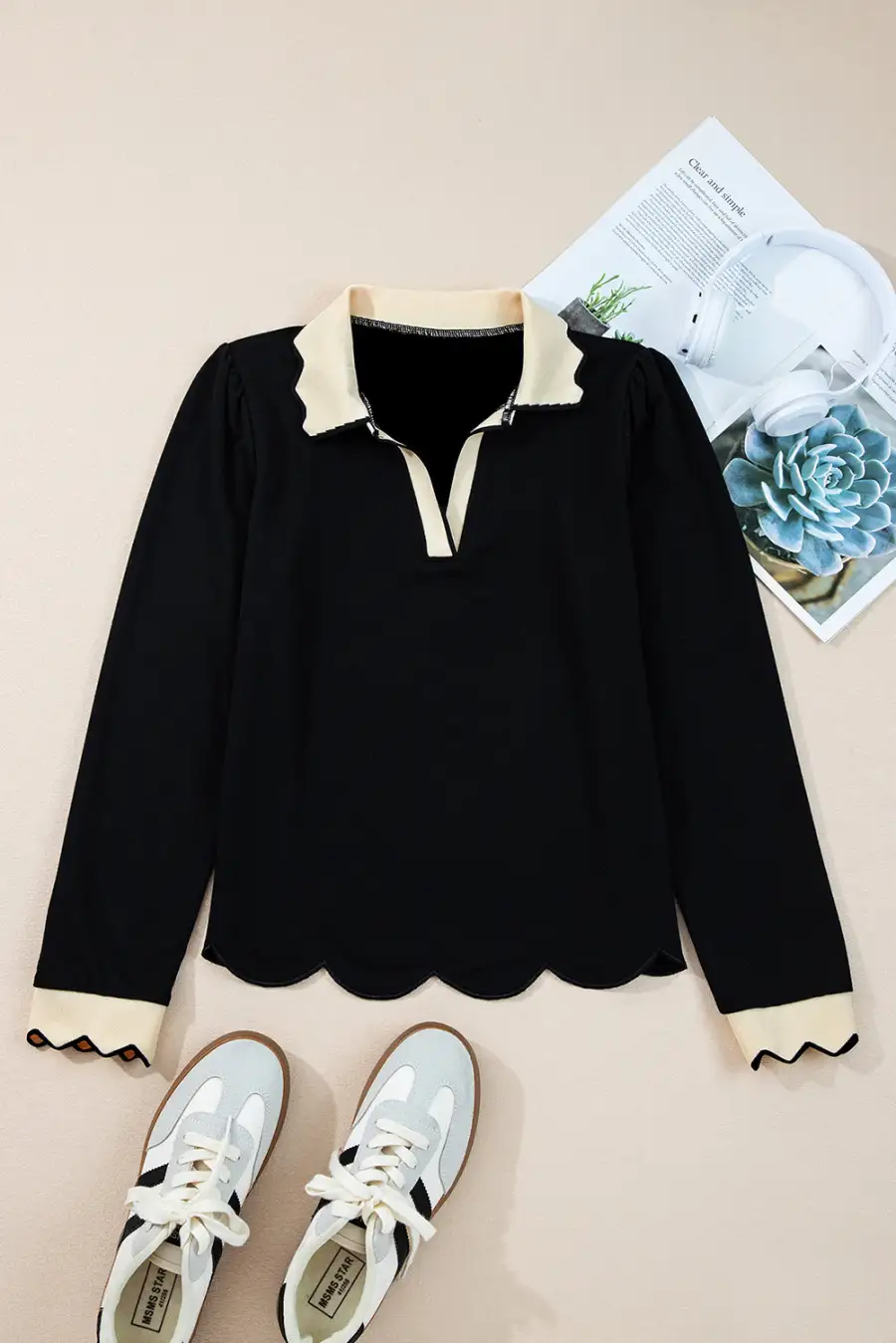 Women's Colorblock Collared Long Sleeve Top