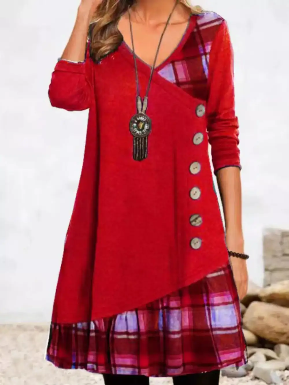 Asymmetrical Plaid Patchwork Long Sleeve Dress