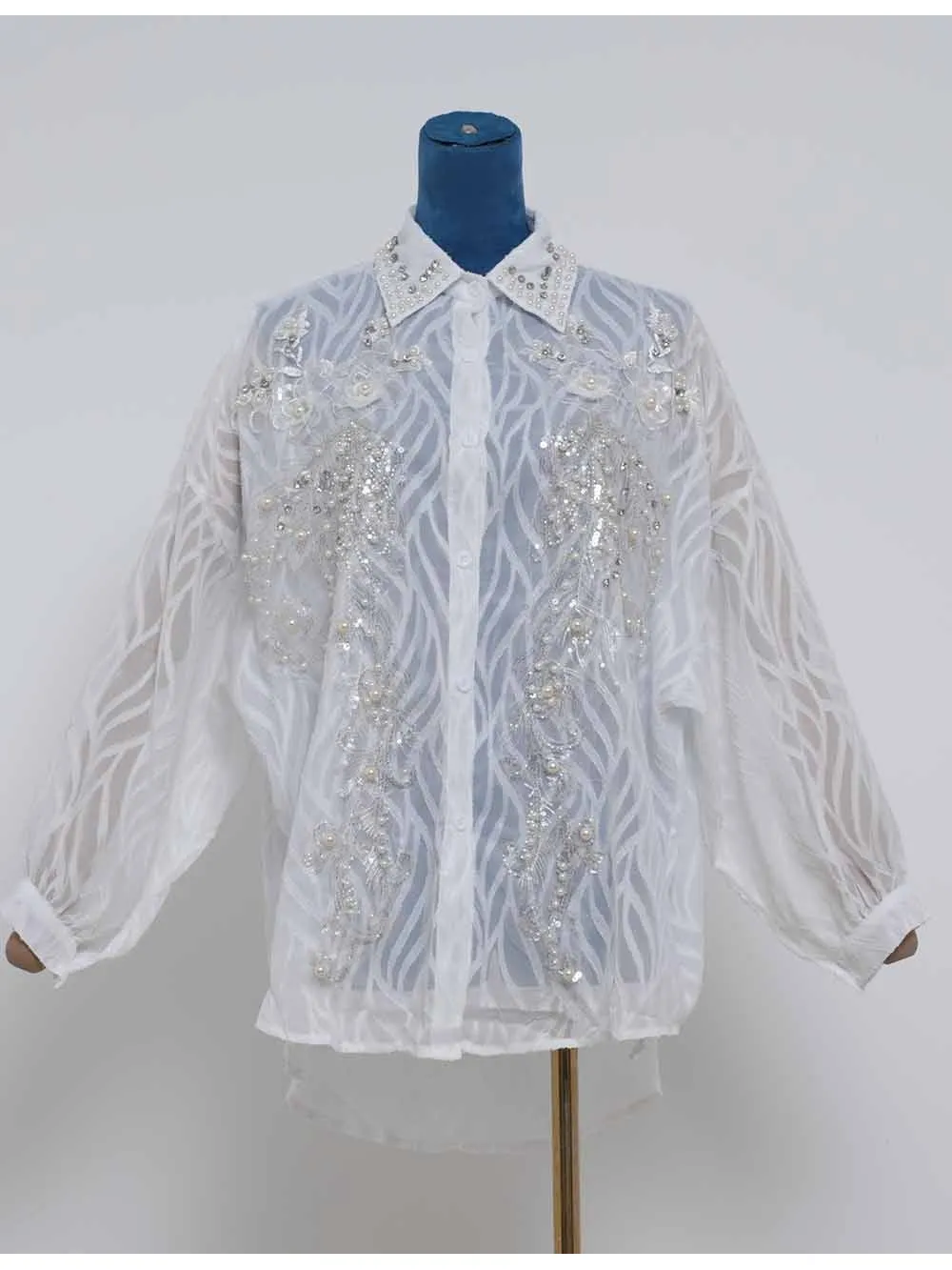 Chic Bead Shirt Collar Lantern Sleeves Jacquard Blouse