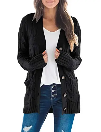 Women's Long Sleeve Cable Knit Sweater Open Front Cardigan Button Loose Outerwear